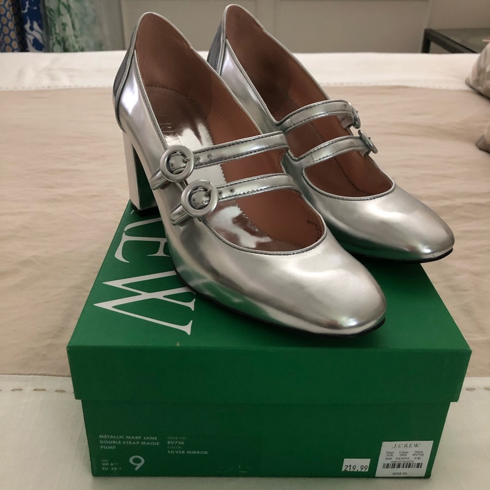 JCrew Silver Double Strap Mary Jane Pump
